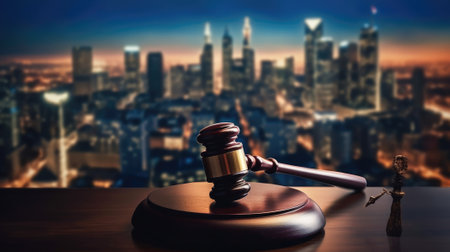 A wooden gavel of law on a table top with city skyline in blur background. beautiful Generative AI AIG32の素材