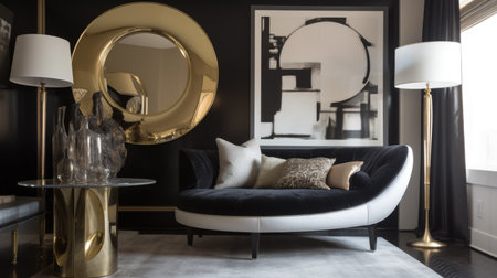 Living room decor, home interior design . Art Deco Contemporary style with Large Window decorated with Velvet and Marble material . Generative AI AIG26.の素材