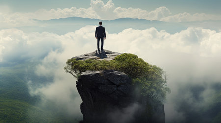 A businessman standing on the top of the world with nature scene. Generative AI AIG27.の素材