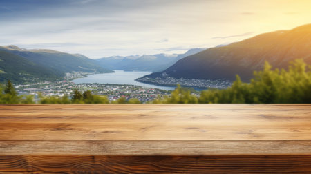 The empty wooden brown table top with blur background of Norway in summer. Exuberant image.の写真素材