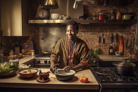 Male African adult cooking in kitchen apron chef attire. Generative AI AIG23.の素材
