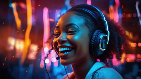 candid shot of an excited young african woman party with headphones. beautiful Generative AI AIG32の素材