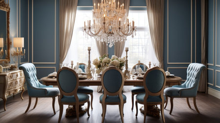 Interior design inspiration of Traditional Classic style home dining room loveliness decorated with Wood and Velvet material and Crystal Chandelier .Generative AI home interior design .の素材