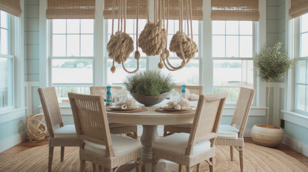Interior design inspiration of Coastal Rustic style home dining room loveliness decorated with Wood and Wicker material and Rope Chandelier .Generative AI home interior design .の素材