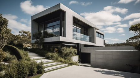 Home architecture design in Contemporary Style with Glass facade constructed by Concrete and Glass material. Contemporary architecture style. Generative AI AIG25 .の素材