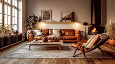 Living room decor, home interior design . Mid-Century Modern Scandinavian style with Fireplace decorated with Leather and Wood material . Generative AI AIG26.の素材