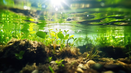 half underwater split, macro photography, stream of fresh water, young green plant, outdoor springtime. beautiful Generative AI AIG32の素材