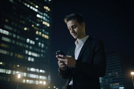 Wide angle shot of a young caucasian businessman executive using mobile phone with background of modern office buildings at night. Generative AI AIG18.の素材