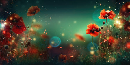 Beautiful abstract red and green night photo floral design background banner. beautiful Generative AI AIG32の素材