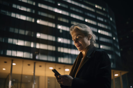 Wide angle shot of a senior caucasian businesswoman executive using mobile phone with background of modern office buildings at night. Generative AI AIG18.の素材