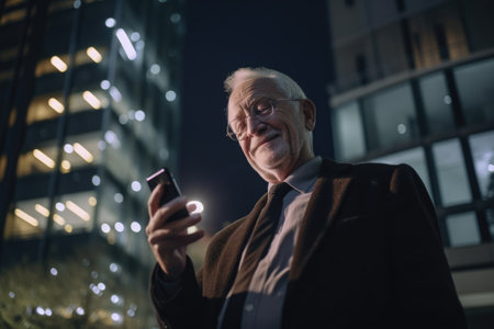 a senior caucasian businessman executive using mobile phone with background of modern office buildings at night Generative AI AIG18.の素材