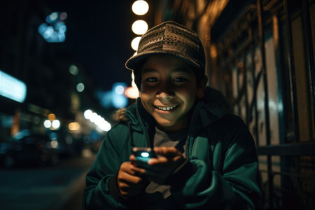 Wide angle shot of a young mexican hispanic 10-year-old little boy trendy clothes using mobile phone with background of urban city street at night. Generative AI AIG18.の素材