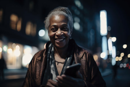 a senior african-american woman trendy clothes using mobile phone with background of urban city street at night Generative AI AIG18.の素材