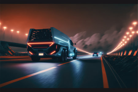 Cyber neon driving green power truck with hybrid technology automotive. Concept of light glowing pick up on dark city view in night life. Finest generative AI.の素材