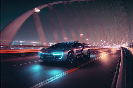 Cyber neon driving green power sport car with hybrid technology automotive. Concept of light glowing on dark city view in night life. Finest generative AI.の素材