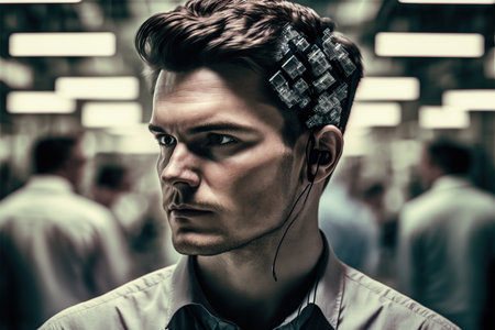 Thoughtful factory supervisor or businessman portrait and wondrous double exposure with industrial production line conveyor process in background. Industrial manufacturing design by Generative AI.の素材