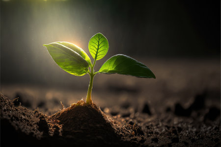 Growing green young plant sprout in stage of nature under sunlight in the morning. Concept of natural tree new life on sustainability and eco-friendliness to wellness design. Finest generative AI.の素材