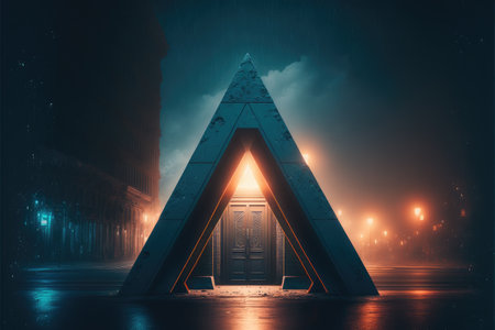 The world revolution of through triangle modernism future portal. Background of skyscraper with moon spotlight. Finest generative AI.の素材