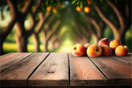 Focus peach fruit on the wood table with blurred peach tree background. Concept of blank space for advertising product. Finest generative AI.の素材