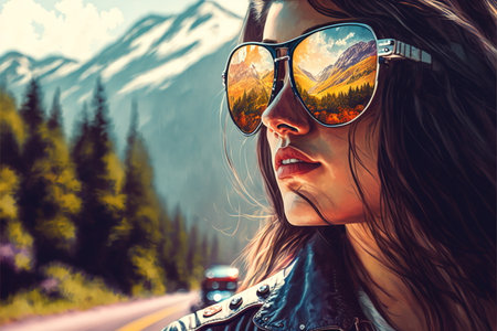 Adventure and natural travel in the wondrous mountain landscape and beautiful sky concept portrayed by young woman wearing sunglasses with reflection of the nature environment by Generative AI.の素材