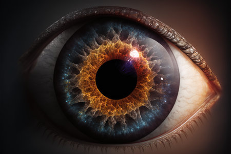 Closeup of macro galaxy in glowing sharp eyesight vision. Concept of outer space in human eye. Finest generative AI.の素材