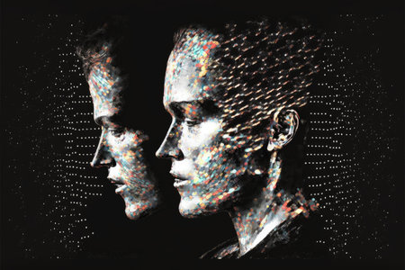 Surrealistic human face created by arrayed pixel particles face forming in glistering futuristic. Inspiration of split body composite digital graphic art design innovation. Finest generative AI.の素材