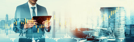 Businessman analyst working with digital finance business data graph showing technology of...