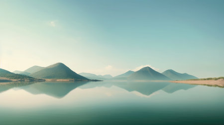 Beautiful mountain lake and natural environment in the morning background. Tranquil panoramic mountainous and nature lake shore scenery. Picturesque generative AIの素材