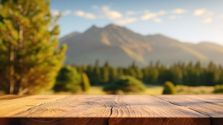 The empty wooden brown table top with blur background of New Zealand nature. Exuberant image.の素材