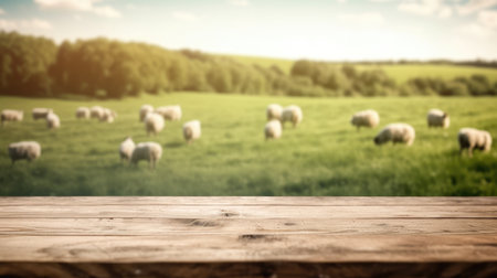 The empty wooden brown table top with blur background of sheep pasture. Exuberant image.の素材