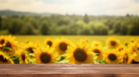 The empty wooden table top with blur background of sunflower field. Exuberant image.の素材
