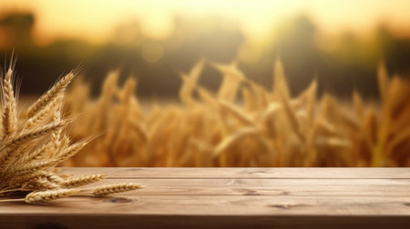 The empty wooden table top with blur background of wheat farm. Generative AI image AIG30.の素材