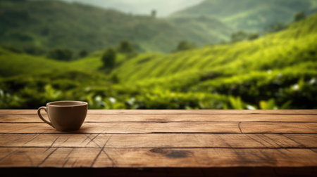The empty wooden table top with blur background of tea plantation. Generative AI image AIG30.の素材