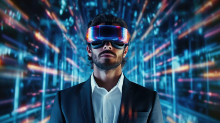 Businessman wearing virtual reality with digital big data transfer from brain to buzzy software showing futuristic technology generative AI imageの素材