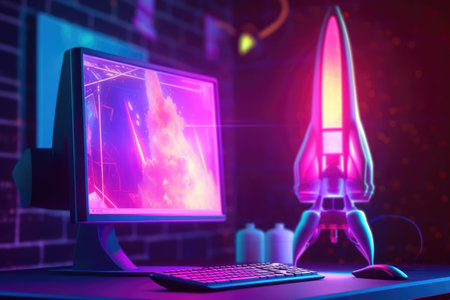 Rocket coming out of desktop computer screen , neon light. beautiful Generative AI AIG32の素材