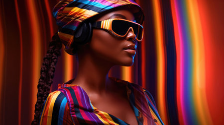 Young african female model wearing VR posing with trendy fashion outfit and colorful optical art abstract background. Picturesque generative AIの素材