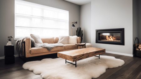 Living room decor, home interior design . Scandinavian Minimalist style with Fireplace decorated with Wood and Leather material . Generative AI AIG26.の素材