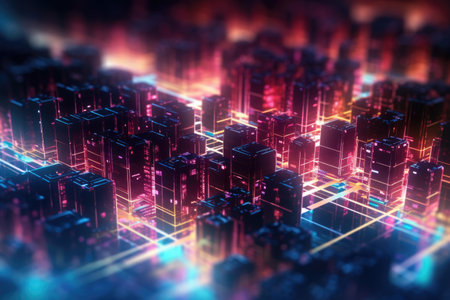 Digital abstract background with sci-fi neon light line pattern. Picturesque generative AIの素材