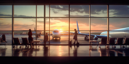 Airport interior with window sunset and airplane in background. Picturesque generative AIの素材