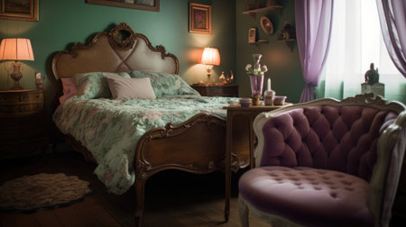 Bedroom decor, home interior design . Art Nouveau Romantic style with Curved Lines decorated with Glass and Ceramic material . Generative AI AIG26.の素材