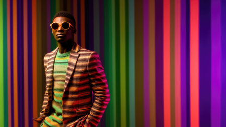 Young male model posing with trendy man fashion outfit and colorful optical art abstract background. Picturesque generative AIの素材
