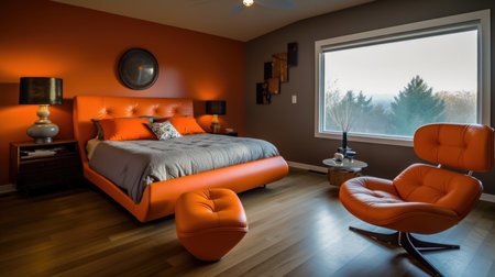 Bedroom decor, home interior design . Mid-Century Modern Retro style with Statement Armchair decorated with Wood and Leather material . Generative AI AIG26.の素材