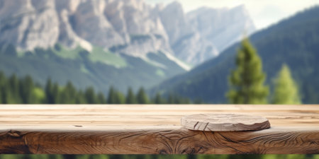 The empty wooden brown table top with blur background of dolomite mountain. Generative AI image AIG30.の素材