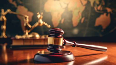 gavel of law on table top, with world map in blur background. beautiful Generative AI AIG32の素材