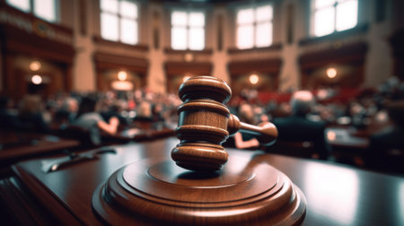 A gavel on a tabletop with blur background of courtroom that full of people. beautiful Generative AI AIG32の素材