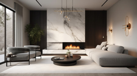 Living room decor, home interior design . Modern Minimalist style with Fireplace decorated with Concrete and Glass material . Generative AI AIG26.の素材