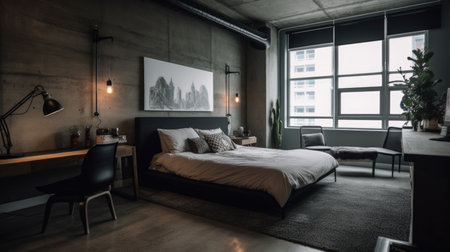 Bedroom decor, home interior design . Industrial Minimalist style with Pendant Light decorated with Concrete and Metal material . Generative AI AIG26.の素材