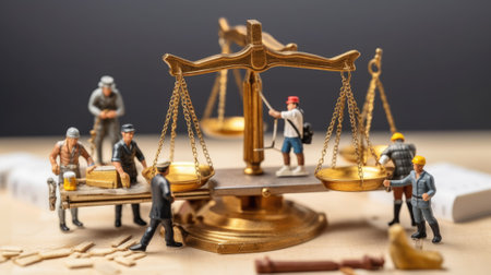 A scale of justice on a table top with workers working in construction site in law concept. beautiful Generative AI AIG32の素材