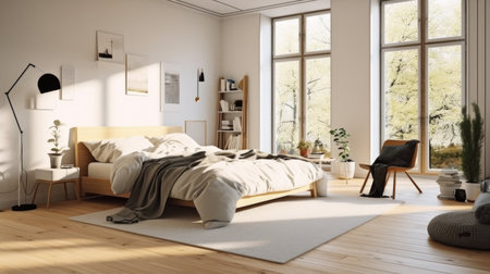Bedroom decor, home interior design . Scandinavian Minimalist style with Large Window decorated with Wood and White Paint material . Generative AI AIG26.の素材