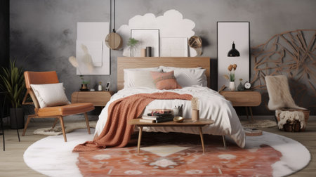 Bedroom decor, home interior design . Modern Bohemian style with Gallery Wall decorated with Concrete and Textiles material . Generative AI AIG26.の素材
